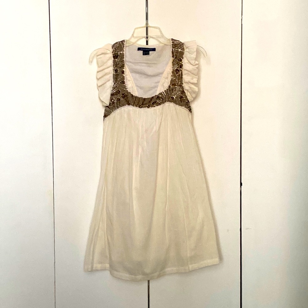 Ruffle sleeve beaded cotton dress by French Connection. Cream with bronze beads